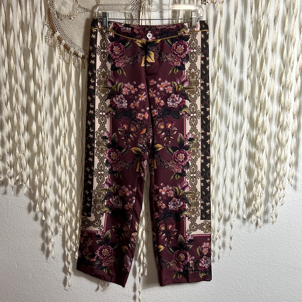 FRS | For Restless Sleepers Silk Maroon and Gold Floral Print Pants size Small